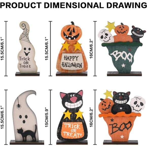 Wooden Halloween Table Top Decorations - 6PCS Retro Halloween - Picture 3 of 7